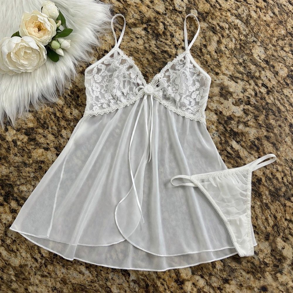 Vintage Seductive Wear White Sheer Lace Babydoll Chemise Set Small